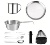 KHstylehoo Set de Vaisselle Camping 8 Pièces, Popote de Bivouac et Gamelle de Camping en INOX, Assiette en INOX pour Camping-Car, Kit Popote Plein Air, Accessoires Acier Inoxydable (1 Personne)