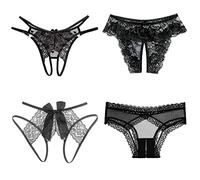 KHUFUZI Culotte sexy 4 en 1 pour femme, collection noire, string taille basse, lingerie en dentelle, vêtements de nuit, robes dos nu, culotte pour petite amie, épouse, Lot de 4 styles, 36-42