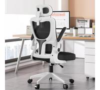 KHUKHU Chaise de Bureau Ergonomique à Dossier Haut en Maille avec Support Lombaire et accoudoirs rabattables, Appui-tête réglable, pivotante, Noire, for Jeux vidéo et Travail(Black White)