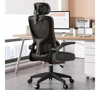 KHUKHU Chaise de Bureau Ergonomique à Dossier Haut en Maille avec Support Lombaire et accoudoirs rabattables, Appui-tête réglable, pivotante, Noire, for Jeux vidéo et Travail(D)