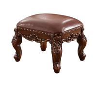 KhUkhu Repose-Pieds en Bois avec 4 Pieds en Bois, Tabouret De Canapé avec Décor Européen, Repose-Pieds Rembourré Sculpté Vintage, Petit Repose-Pieds Ottoman en Cuir Blanc Crème,Marron