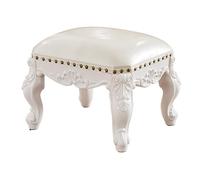 KhUkhu Repose-Pieds en Bois avec 4 Pieds en Bois, Tabouret De Canapé avec Décor Européen, Repose-Pieds Rembourré Sculpté Vintage, Petit Repose-Pieds Ottoman en Cuir Blanc Crème,Creamy White