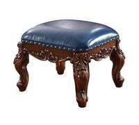 KhUkhu Repose-Pieds en Bois avec 4 Pieds en Bois, Tabouret De Canapé avec Décor Européen, Repose-Pieds Rembourré Sculpté Vintage, Petit Repose-Pieds Ottoman en Cuir Blanc Crème,Bleu