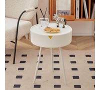 KhUkhu Table D'appoint Ronde avec Tiroir, Petite Table D'appoint Ronde Vintage,Creamy White