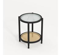 KhUkhu Table D'appoint Ronde en Rotin, Table D'appoint Ronde Rustique Bohème avec Rangement Et Cadre en Bois Massif pour Salon, Balcon Et Chambre,B