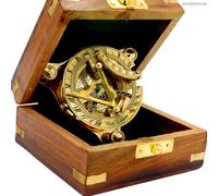 KHUMYAYAD Boussole en laiton. Élégante boussole nautique traditionnelle de cadran solaire de 7,6 cm en laiton antique avec boîte en bois exquise.