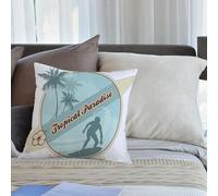 KHWEJ Taie d'oreiller 40x40 cm Imprimer Housse Coussin pour Maison Le Salon Taie Oreiller Réversible Housse de Coussin,Surf, Silhouette d'une Image rétro d'un Surfeur et de Palmiers
