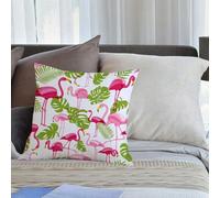 KHWEJ Taie d'oreiller 40x40 cm Imprimer Housse Coussin pour Maison Le Salon Taie Oreiller Réversible Housse de Coussin,Motif avec Flamant Rose et Feuilles de Palmier Vertes.