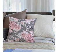 KHWEJ Taie d'oreiller 50x50 cm Imprimer Housse Coussin pour Maison Le Salon Taie Oreiller Réversible Housse de Coussin,avec des Fleurs Roses et des Feuilles sur Fond Gris. Motif Floral Fleur Rose en