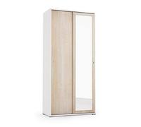 Kiamami Valentina Armoire coulissante multifonctionnelle en chêne et Blanc avec Porte Miroir et Tringle à vêtements