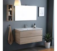 Kiamami Valentina Armoire de Salle de Bain Murale de 100 cm avec 2 tiroirs en chêne Naturel, lavabo et Miroir 100x60
