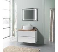 Kiamami Valentina Armoire de Salle de Bains Murale Blanche Brillante de 80 cm avec Plan en chêne, lavabo et Miroir LED 80x60