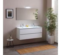 Kiamami Valentina Armoire de Toilette 120 cm avec 2 tiroirs Blanc Effet Bois Double lavabo LED Light | Berlin