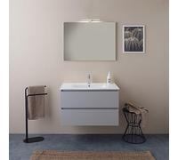 Kiamami Valentina Armoire de Toilette Suspendue 80cm 2 tiroirs forêt Blanc, lavabo et Miroir 80x60 Barcelone