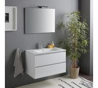 Kiamami Valentina - Armoire de Toilette Suspendue Blanc Brillant 80 cm 2 tiroirs, miror avec Lampe | Benaco