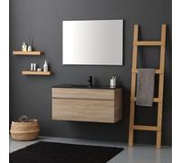 Kiamami Valentina - Composition Salle de Bain Suspendue cm 100 Oak Well avec lavabo en céramique Noire et Miroir série Sole