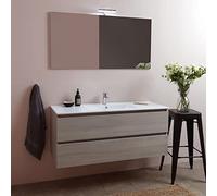 Kiamami Valentina - Hängeschrank 120 cm mit Einzelwaschbecken | Löwe Ulme Holzoptik | Keramik Waschbecken mit Überlaufloch | Spiegel 120x60 mit LED-Lampen, Ulme Löwe, 120 CM + 1 Waschbecken, Holz