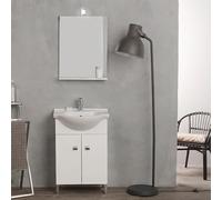 Kiamami Valentina Meuble de Salle de Bain 56 cm avec lavabo et Miroir Blanc | Ensemble Simply pour petits espaces, base bois blanc, lavabo céramique, miroir 52x69 cm, profondeur 33-42,5 cm