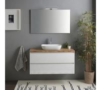 Kiamami Valentina - Meuble de salle de bain suspendu 100 cm blanc brillant avec dessus en chêne naturel, 2 tiroirs, miroir avec lampe incluse