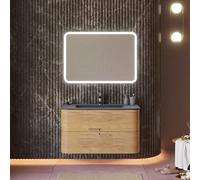Kiamami Valentina Meuble de Salle de Bain Suspendu 100cm chêne Miel, lavabo Noir et Miroir | Hollywood