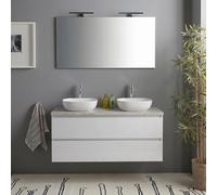 Kiamami Valentina - Meuble de salle de bain suspendu 120 cm blanc brillant avec dessus effet béton, 2 tiroirs à fermeture douce, miroir 120 x 60 cm avec lampe LED, déjà assemblé