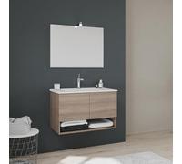 Kiamami Valentina Meuble de Salle de Bain Suspendu 80 cm 2 Portes en Bois chêne Miroir avec Cadre Lavabo en céramique Aménagement