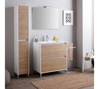 Kiamami Valentina - Meuble de Salle de Bains au Sol Blanc avec façade en chêne, avec 2 tiroirs, lavabo en céramique et Miroir 80x60 | Laguna