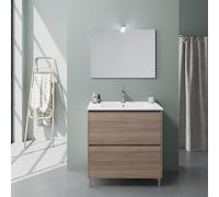 Kiamami Valentina - Meuble de Salle de Bains au Sol en chêne Naturel, avec 2 tiroirs, lavabo en céramique et Miroir 80x60 | Laguna