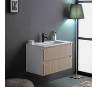 Kiamami Valentina Meuble de Salle de Bains Suspendu 80cm Blanc avec façade cannée en chêne