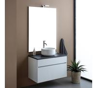 Kiamami Valentina - Meuble de Salle de Bains Suspendu de 80 cm avec Grand tiroir Blanc et Plateau Anthracite, Miroir 80x110 | Sole