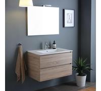 Kiamami Valentina - Meuble Salle de Bain Mural 90 cm chêne Naturel tiroirs, lavabo, Miroir | Berlin