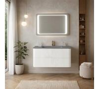 Kiamami Valentina - Meuble Salle de Bain Suspendu 100 cm Blanc Mat Rainuré avec Lavabo en Résine Grise et 2 Tiroirs