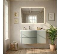 Kiamami Valentina - Meuble Salle de Bain Suspendu 105 cm Vert Sauge avec Lavabo Asymétrique Gauche, 2 Tiroirs Soft-Close et Porte Latérale