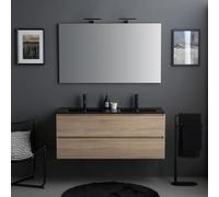 Kiamami Valentina Meuble Salle de Bain Suspendu 120 cm chêne lavabo Noir | Deux tiroirs, double vasque en céramique noire mate, miroir 120x70 cm, lampe LED, bois mélaminé