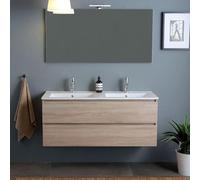 DOUBLE LAVABO MURAL MEUBLE DE SALLE DE BAIN AVEC TIROIRS CHÊNE NATUREL 120CM BERLIN