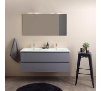 Kiamami Valentina Meuble Salle de Bain Suspendu 120 cm Double Vasque Gris | 2 tiroirs, bois mélaminé, vasque en céramique, miroir 120x60 cm, ouverture sans poignée, fermeture douce