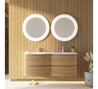 Kiamami Valentina Meuble Salle de Bain Suspendu 140 cm chêne Double Vasque | 4 tiroirs, double vasque en résine blanche, 2 miroirs LED ronds 75 cm, finition chêne miel, style moderne