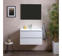 Kiamami Valentina Meuble Salle de Bain Suspendu 80 cm Blanc Bois 2 tiroirs | Lavabo en céramique, miroir 80x60 cm inclus, fermeture amortie, profondeur 46 cm, style moderne