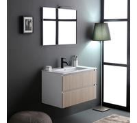 Kiamami Valentina Meuble Salle de Bain Suspendu 80 cm Blanc chêne rainuré | 2 tiroirs soft close, lavabo en céramique, miroir 80x60 cm inclus, MDF rainuré, design Bilbao moderne