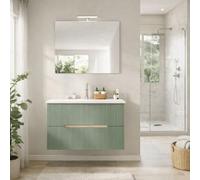 Kiamami Valentina Meuble Salle de Bain Suspendu 80 cm Magnolia chêne Glace | 2 tiroirs façade cannelée, vasque en céramique blanche, bois mélaminé, déjà monté, style moderne