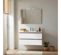 Kiamami Valentina - Meuble Salle de Bain Suspendu Budapest 90 cm Chêne Well et Blanc, 2 Tiroirs, Vasque en Céramique, Miroir 90x60 et Lampe LED