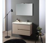 Kiamami Valentina - Mobile de Salle de Bains Suspendu de 90 cm, 1 Porte et 2 tiroirs, lavabo décentré à Droite, Miroir 90x60 Malaga
