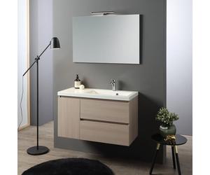 Kiamami Valentina - Mobile de Salle de Bains Suspendu de 90 cm, 1 Porte et 2 tiroirs, lavabo décentré à Droite, Miroir 90x60 Malaga
