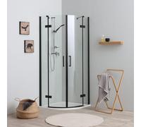 Paroi de douche d'angle semi circulaire 80x80 sans profilés noir mat avec ouverture à charnière London