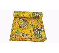 Kiara - Couvre-lit indien fait à la main - Coton Kantha avec imprimé floral cachemire et points - Réversible - Pour lit double, 2 dimensions, Coton, Buzz Yellow, Jumeau