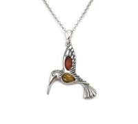 Kiara Jewellery Collier avec pendentif colibri en argent sterling 925 incrusté d'ambre de la Baltique marron et jaune sur une chaîne en argent sterling de 45,7 cm., Argent sterling, Ambre