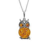 Kiara Jewellery Collier avec pendentif en forme de chouette en argent sterling 925 incrusté d'ambre de la Baltique marron sur une chaîne en argent sterling de 45,7 cm., Argent sterling, Ambre