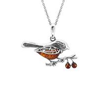 Kiara Jewellery Collier avec pendentif rouge-gorge rouge en argent sterling 925 sur une branche incrustée d'ambre de la Baltique marron sur une chaîne en argent sterling de 46 cm
