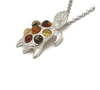 Kiara Jewellery Collier avec pendentif tortue en argent sterling 925 incrusté de 7 pierres multicolores d'ambre de la Baltique sur une chaîne en argent sterling de 45,7 cm.