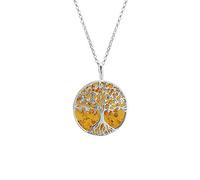 Kiara Jewellery - Pendentif arbre de vie en argent sterling 925 plaqué rhodium sur un disque d'ambre brune - Avec chaîne italienne 45,7 cm taille diamant en rhodium plaqué